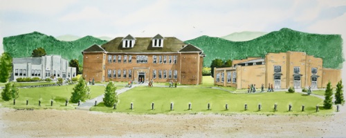 BETHEL SCHOOL



 - Dominick De Paolo painted a water-color of the three Bethel School buildings that comprised the heart of Bethel from 1921, 1930s, and 1941 until the 1970s when the structures were dismantled.  The three-story center building transferred Bethel students from attendance at Bethel Academy which closed after World War I.  Students attended classes on the bottom two floors of the center building while the Masonic/Eastern Star organization occupied the third floor.  By the 1930s a gymnasium surrounded by classroom followed, and the classically designed white auditorium/home economics/agricultural classrooms was constructed by the WPA in 1941.